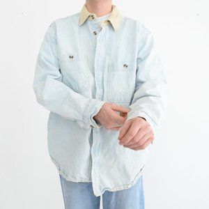 BDG Light Blue Button Up w/ Tan Corduroy Collar & Hidden Pockets Denim Shacket